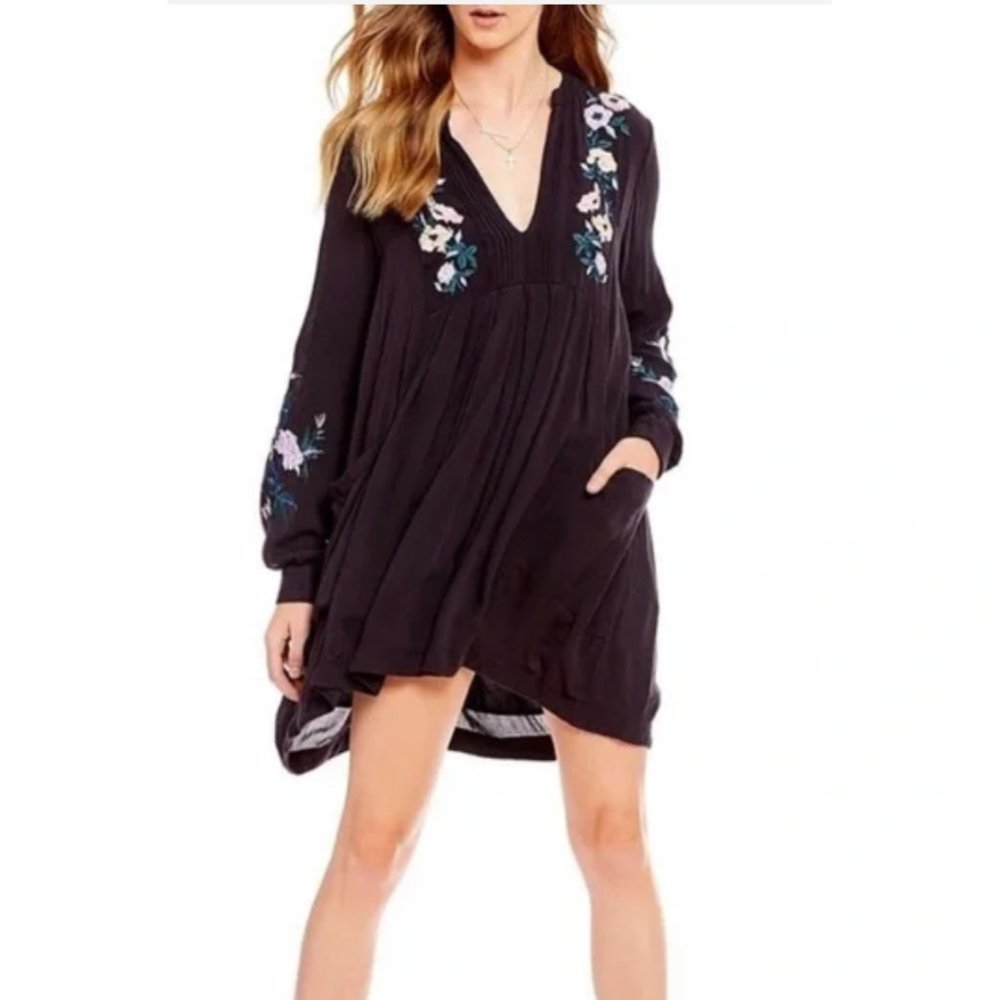 Free People Mia Gauze Embroidered Floral Mini Dress with Pockets in Black LARGE